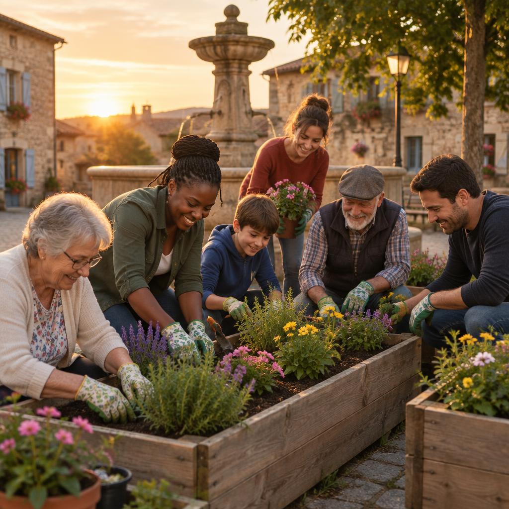 Sur une place de village, six habitants de plusieurs générations plantent ensemble des végétaux dans des bacs en bois, près d'une fontaine